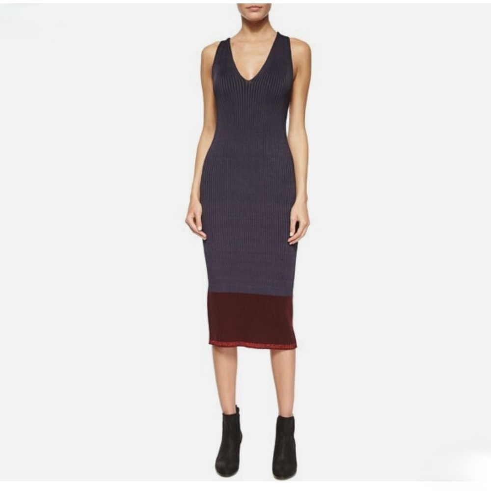 NWOT RAG & BONE Blue Red Colorblock Kristin Ribbed Knit V-Neck Midi Dress Sz S
